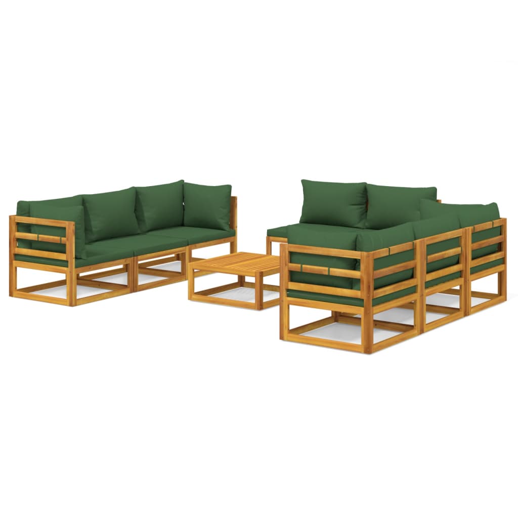 Set Salotto da Giardino 9pz con Cuscini Verdi in Legno Massello