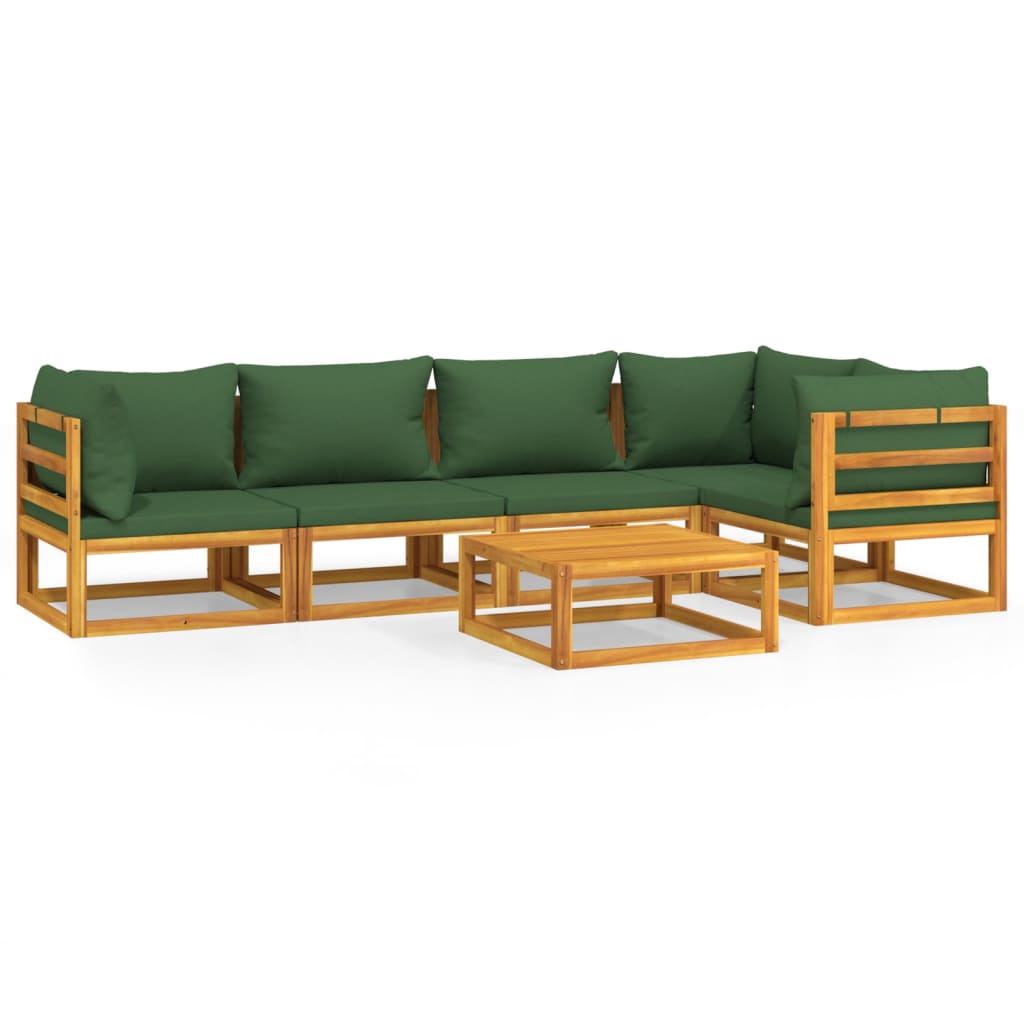 Set Salotto da Giardino 6pz con Cuscini Verdi in Legno Massello