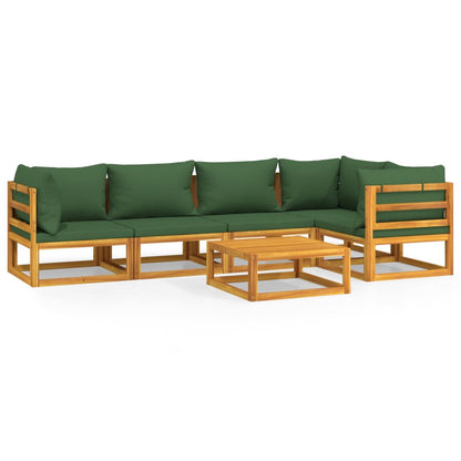 Set Salotto da Giardino 6pz con Cuscini Verdi in Legno Massello