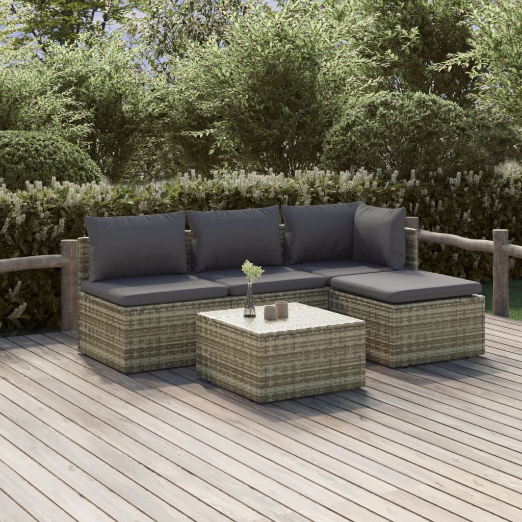 Set Divani da Giardino 5 pz con Cuscini in Polyrattan Grigio