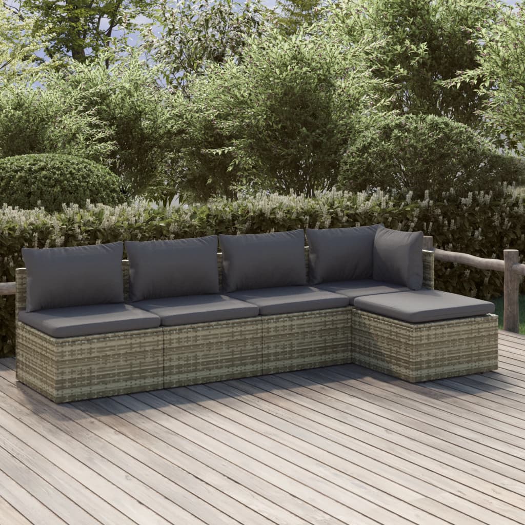 Set Divani da Giardino 5 pz con Cuscini in Polyrattan Grigio
