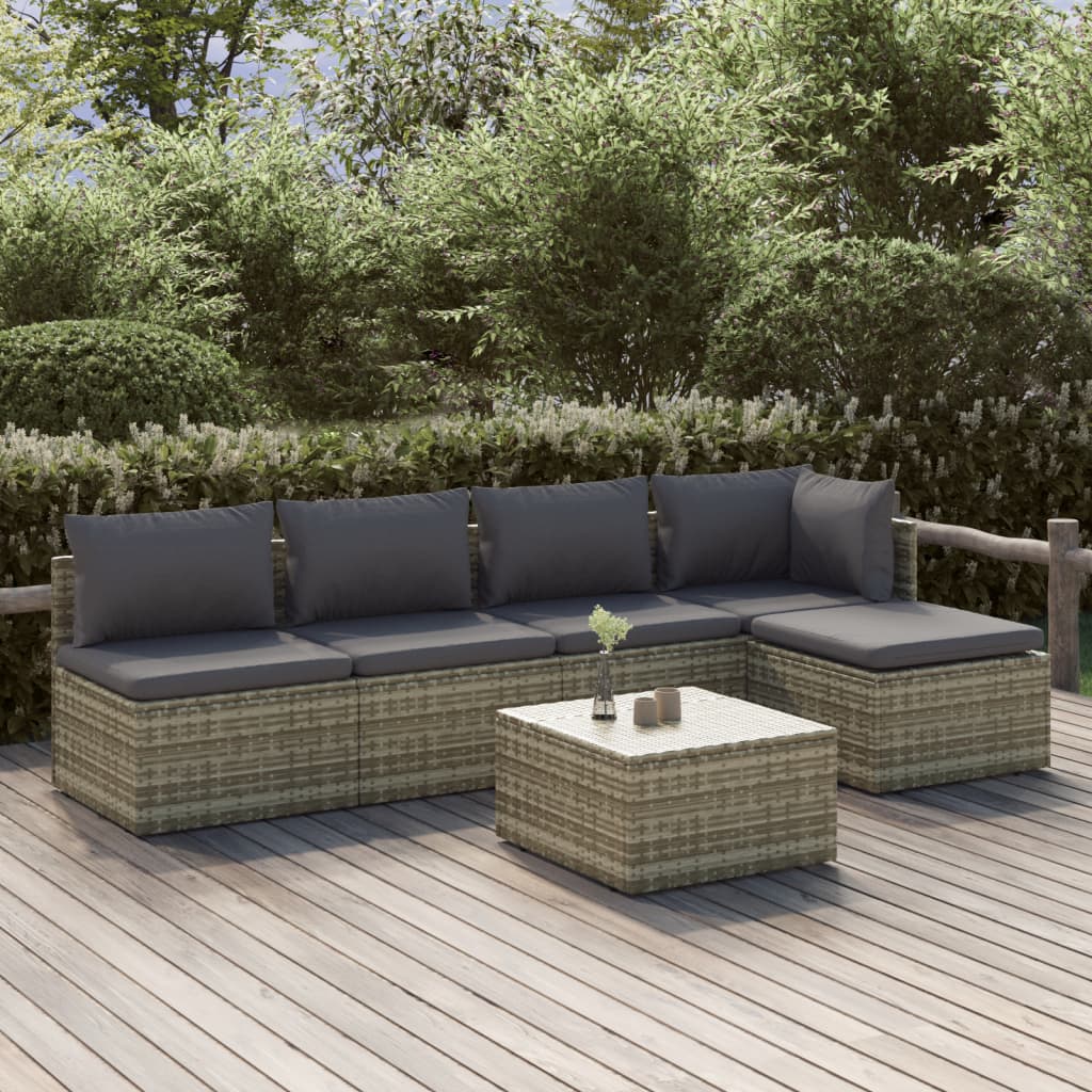 Set Divani da Giardino 6 pz con Cuscini in Polyrattan Grigio