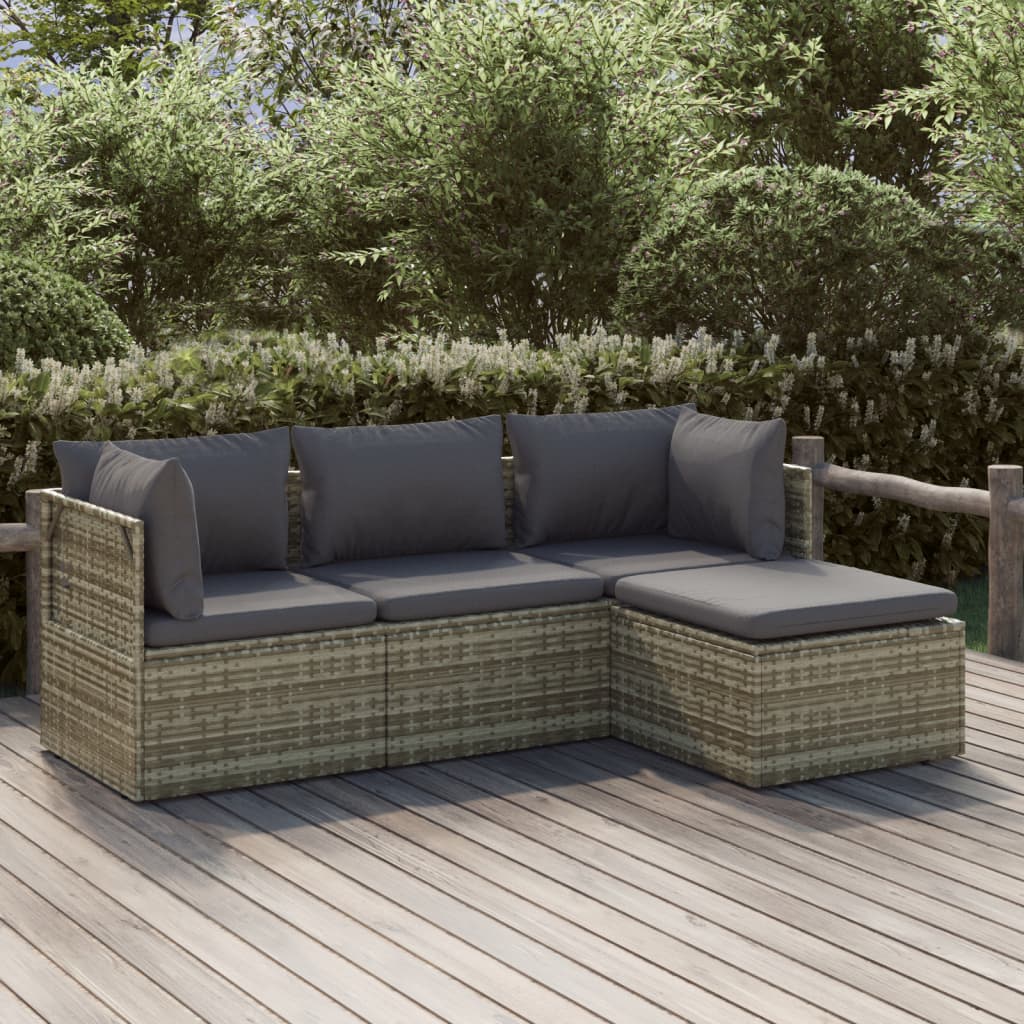 Set Divani da Giardino 4 pz con Cuscini in Polyrattan Grigio