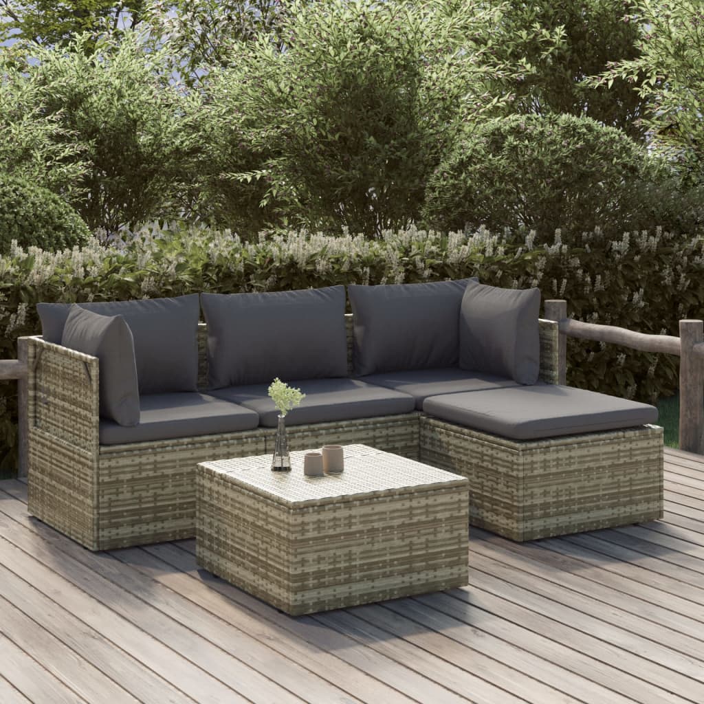 Set Divani da Giardino 5 pz con Cuscini in Polyrattan Grigio