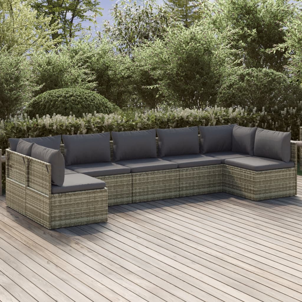Set Divani da Giardino 7 pz con Cuscini in Polyrattan Grigio