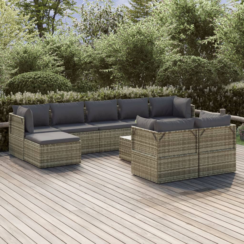 Set Divani da Giardino 10 pz con Cuscini in Polyrattan Grigio