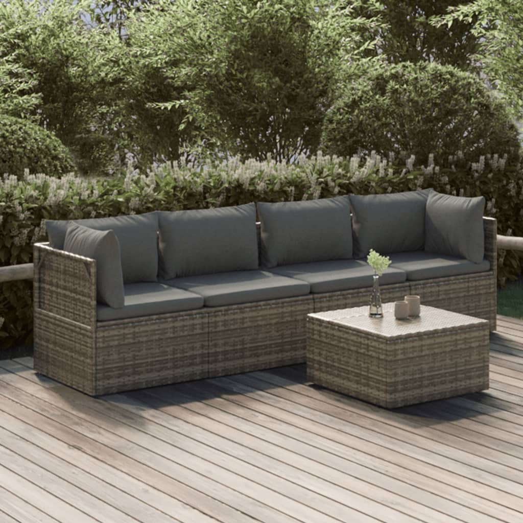 Set Divani da Giardino 5 pz con Cuscini in Polyrattan Grigio