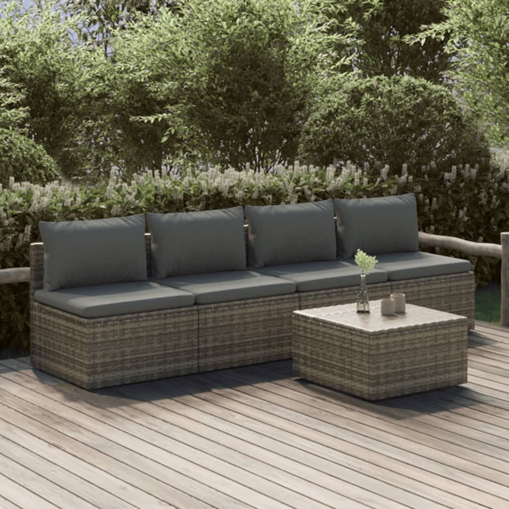 Set Divani da Giardino 5 pz con Cuscini in Polyrattan Grigio
