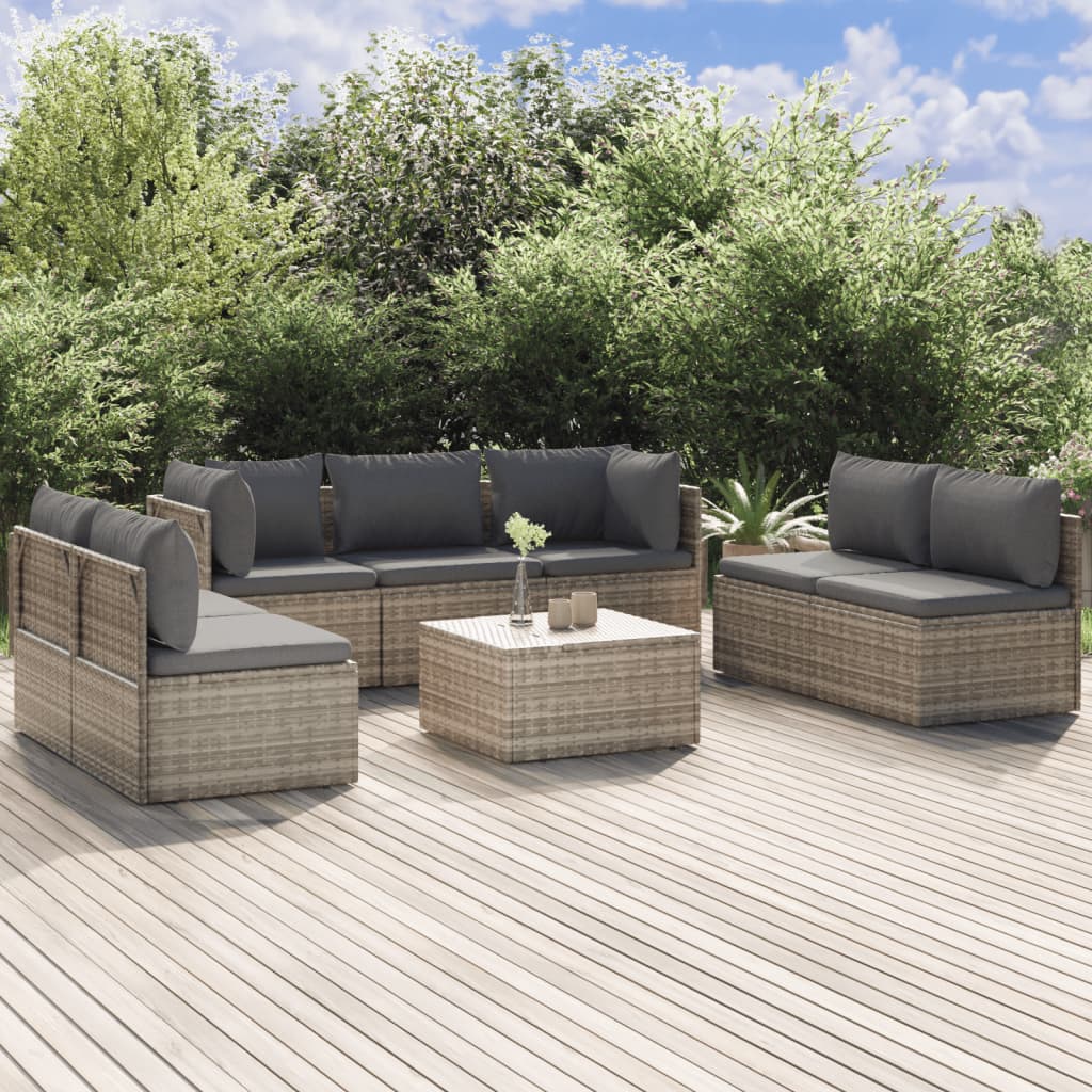 Set Divani da Giardino 8 pz con Cuscini in Polyrattan Grigio