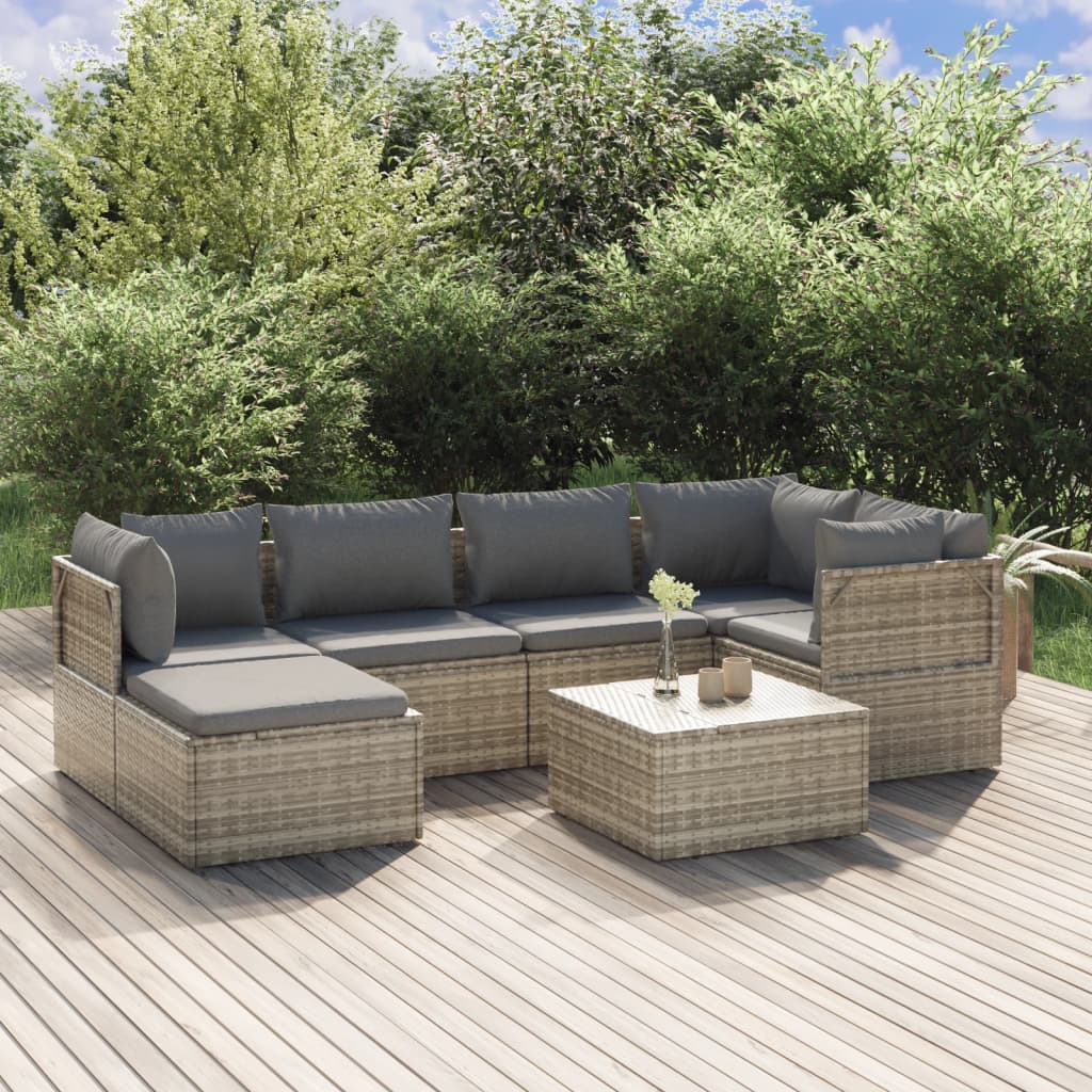 Set Divani da Giardino 7 pz con Cuscini in Polyrattan Grigio