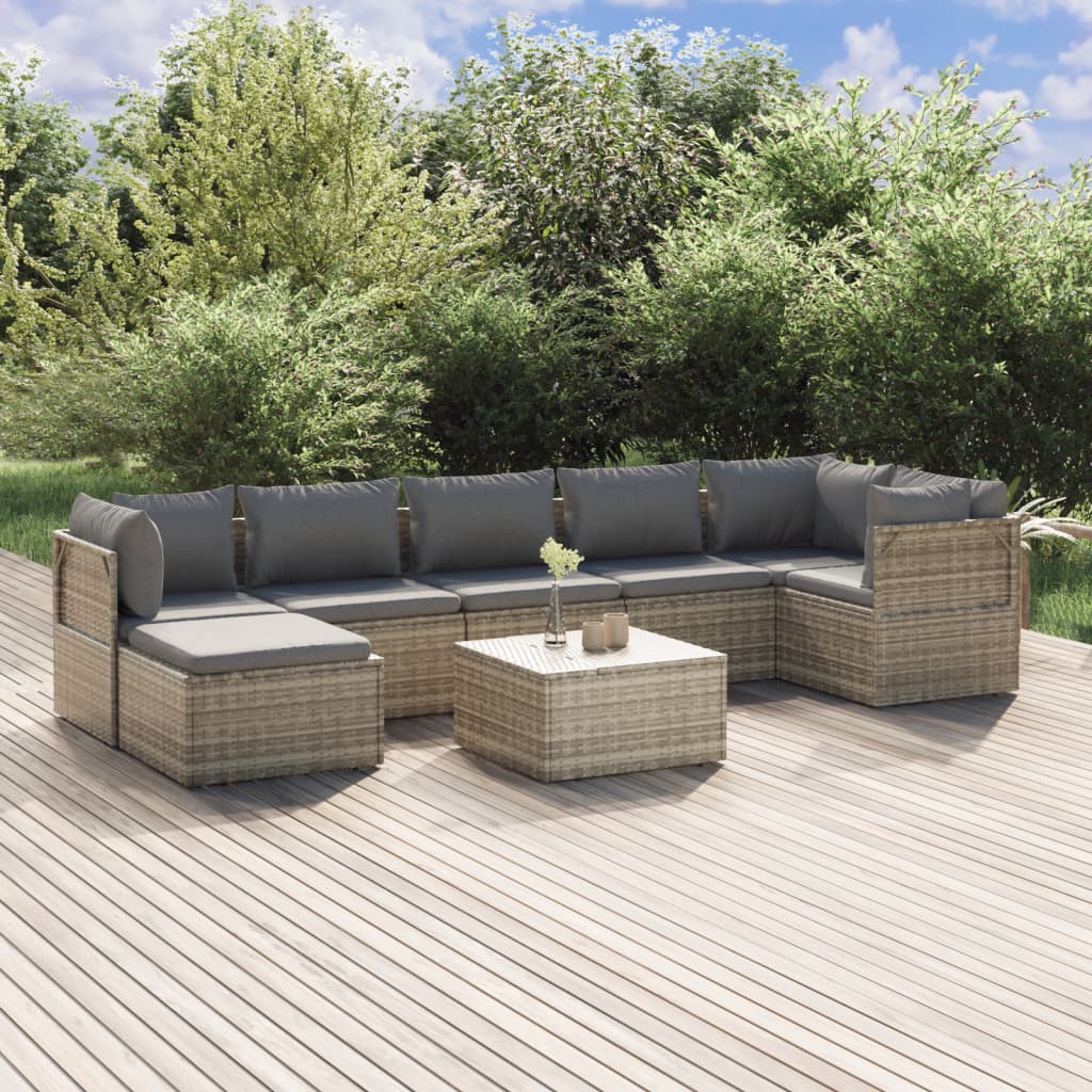 Set Divani da Giardino 8 pz con Cuscini in Polyrattan Grigio