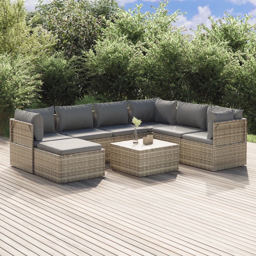 Set Divani da Giardino 8 pz con Cuscini in Polyrattan Grigio