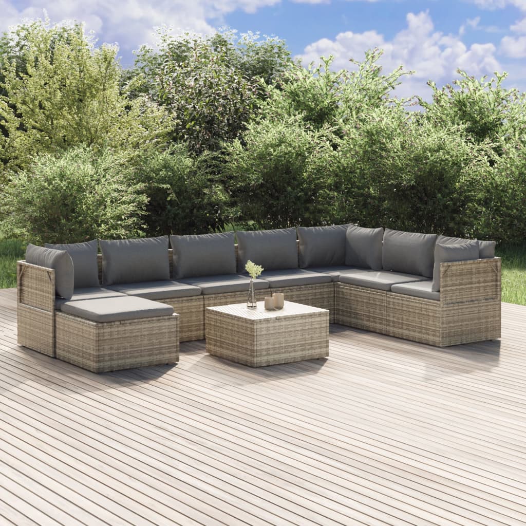 Set Divani da Giardino 9 pz con Cuscini in Polyrattan Grigio