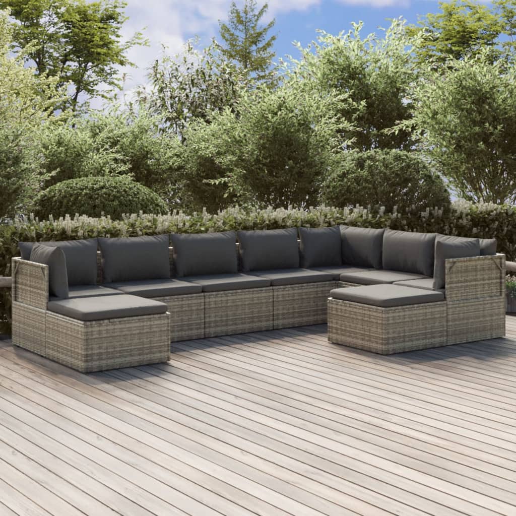 Set Divani da Giardino 9 pz con Cuscini in Polyrattan Grigio