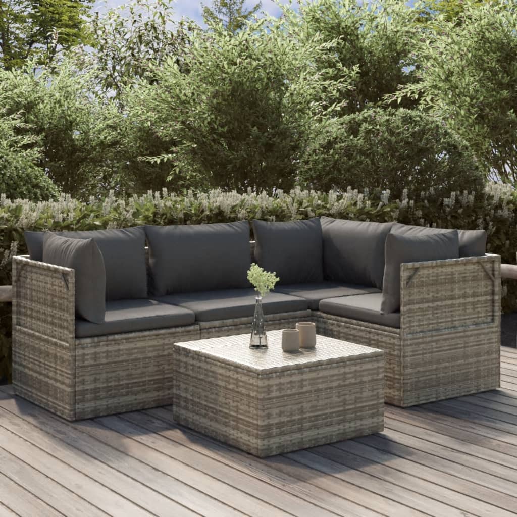 Set Divani da Giardino 5 pz con Cuscini in Polyrattan Grigio