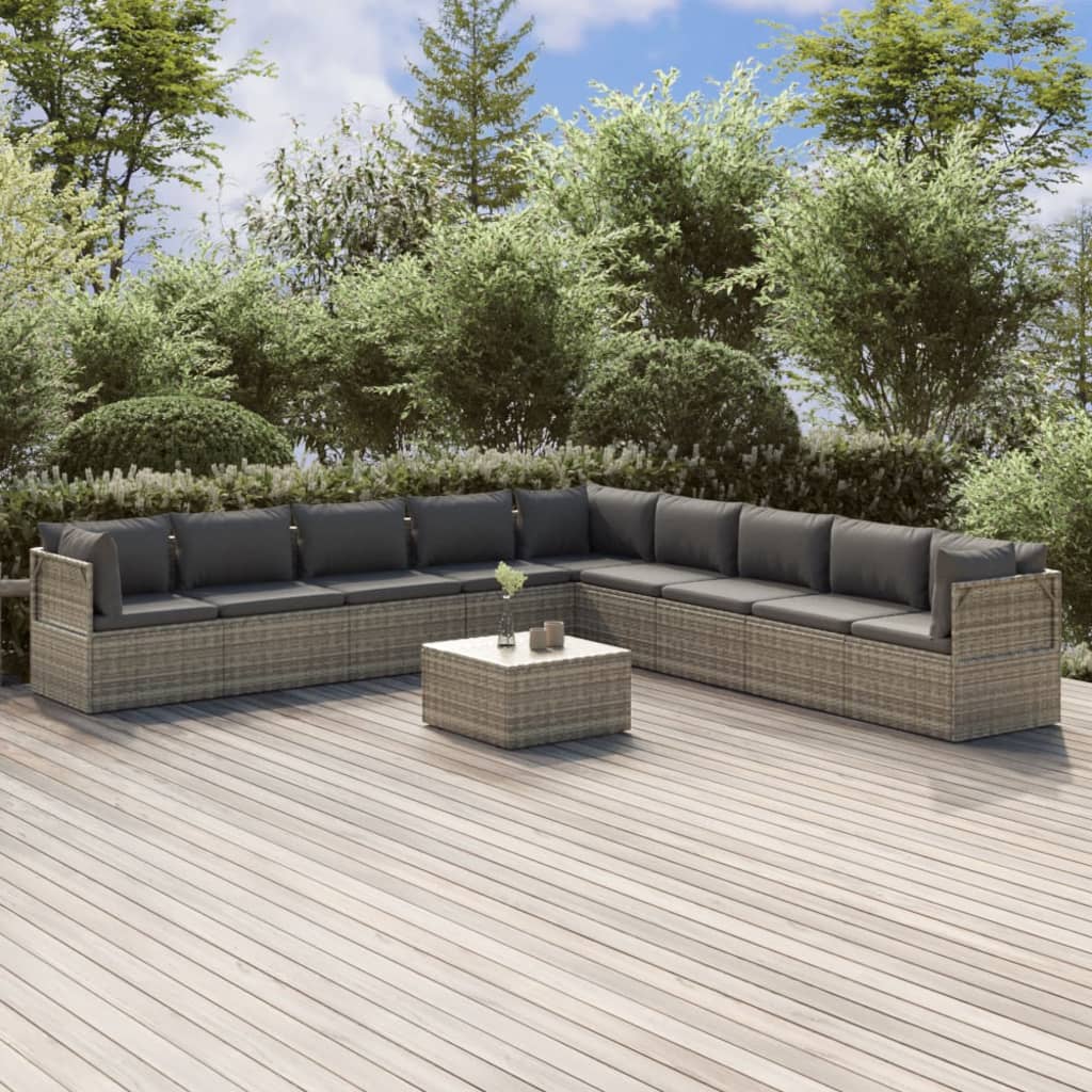 Set Divani da Giardino 10 pz con Cuscini in Polyrattan Grigio