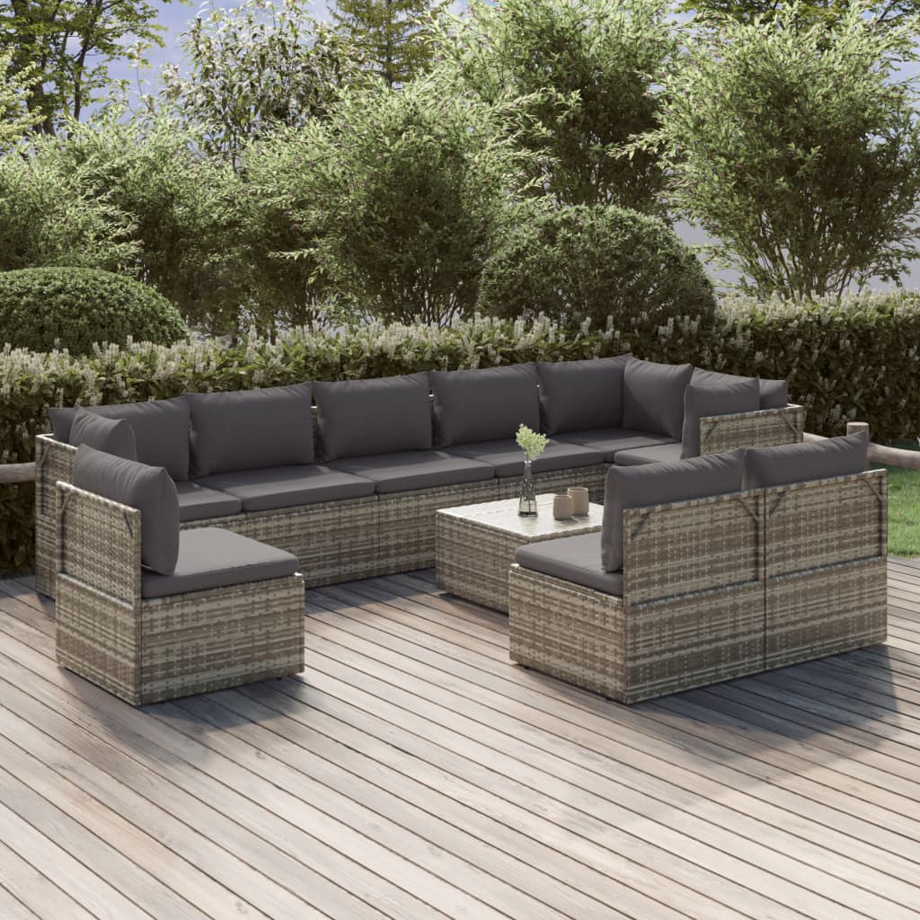 Set Divani da Giardino 10 pz con Cuscini in Polyrattan Grigio