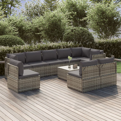 Set Divani da Giardino 10 pz con Cuscini in Polyrattan Grigio