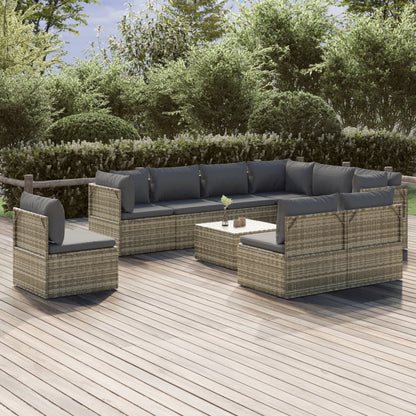 Set Divani da Giardino 10 pz con Cuscini in Polyrattan Grigio