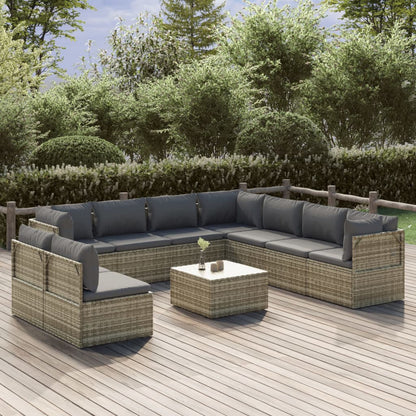 Set Divani da Giardino 10 pz con Cuscini in Polyrattan Grigio