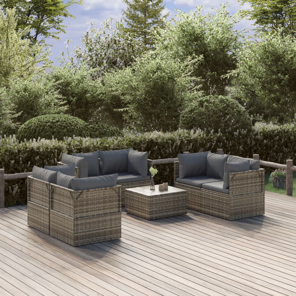 Set Divani da Giardino 7 pz con Cuscini in Polyrattan Grigio