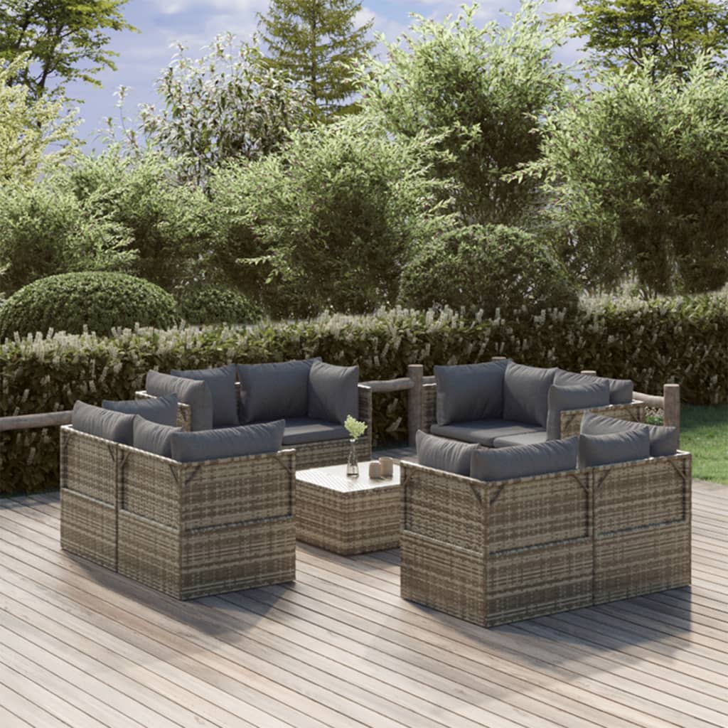 Set Divani da Giardino 9 pz con Cuscini in Polyrattan Grigio