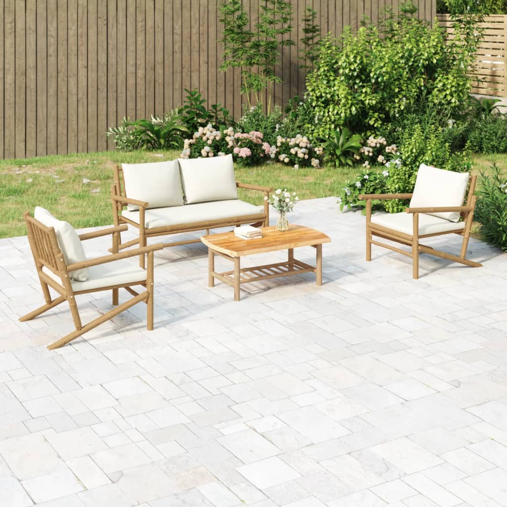 Set Salotto da Giardino 4pz con Cuscini Bianco Crema in BambÃ¹