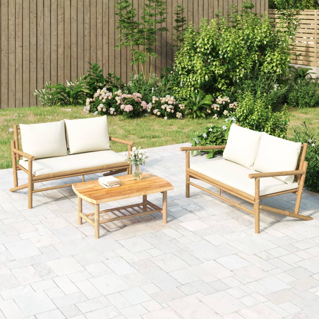 Set Salotto da Giardino 3pz con Cuscini Bianco Crema in BambÃƒÂ¹