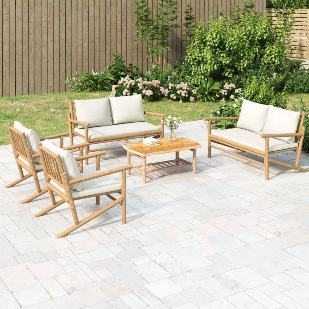 Set Salotto da Giardino 5pz con Cuscini Bianco Crema in BambÃ¹