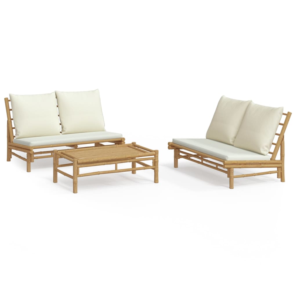Set Salotto da Giardino 3pz con Cuscini Bianco Crema in BambÃƒÂ¹