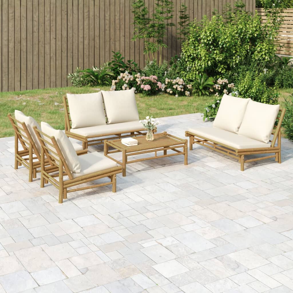 Set Salotto da Giardino 5pz con Cuscini Bianco Crema in BambÃ¹
