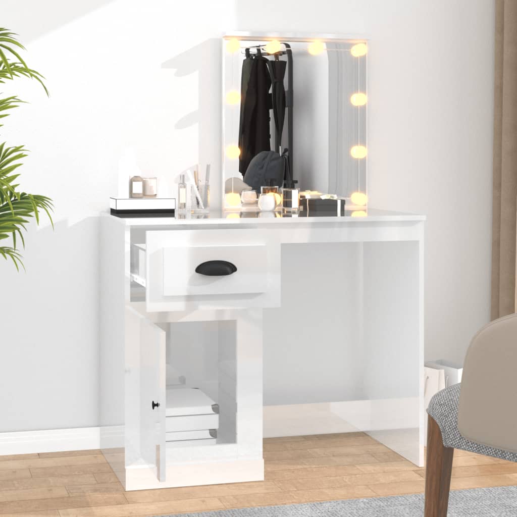 Toeletta con LED Bianco Lucido 90x50x132,5cm Legno Multistrato
