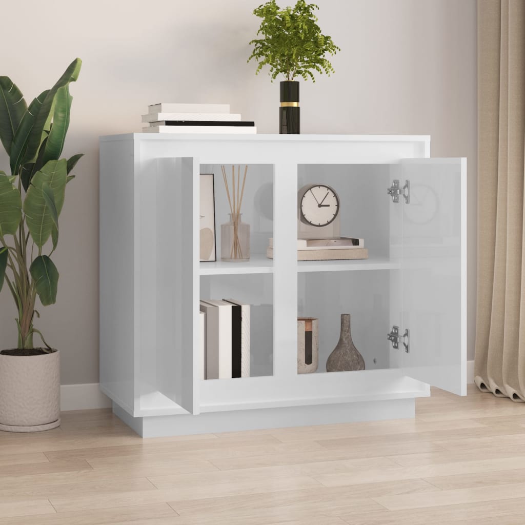 Credenza Bianco Lucido 80x34x75 cm in Legno Multistrato
