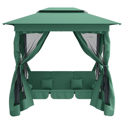 Gazebo con Panca a Dondolo Convertibile Verde Tessuto e Acciaio