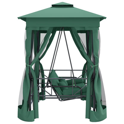 Gazebo con Panca a Dondolo Convertibile Verde Tessuto e Acciaio