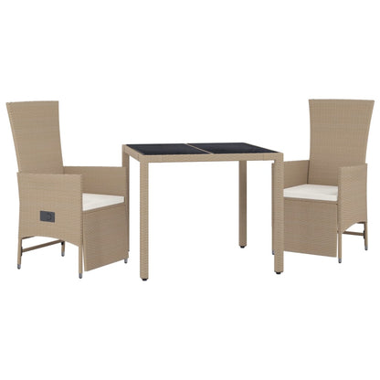 Set da Pranzo da Giardino 3 pz con Cuscini Beige in Polyrattan