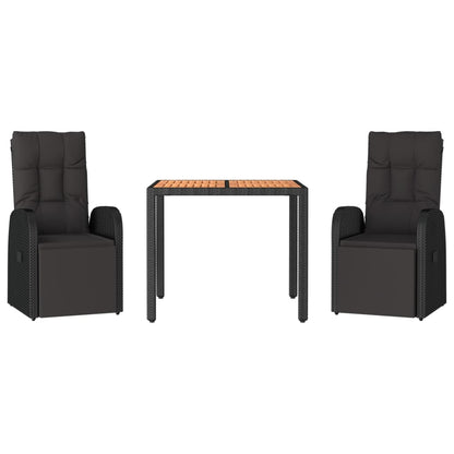 Set Pranzo Giardino 3pz Nero Polyrattan e Legno Massello Acacia