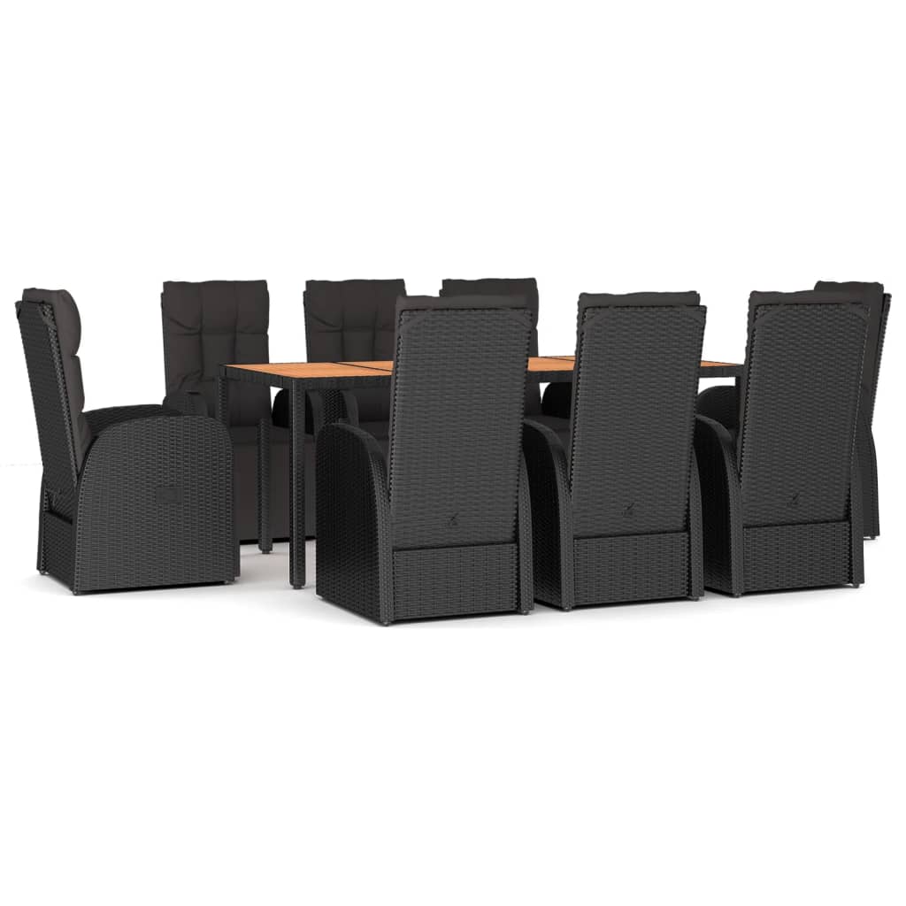 Set Pranzo Giardino 9pz Nero Polyrattan e Legno Massello Acacia