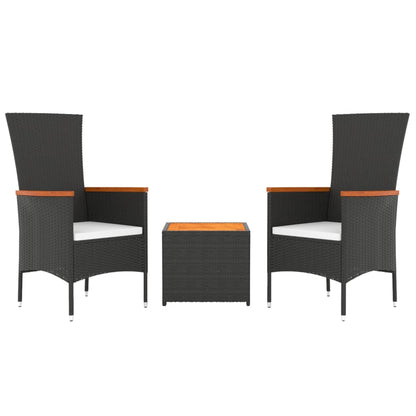 Set Mobili Giardino 3pz Nero Polyrattan e Legno Massello Acacia