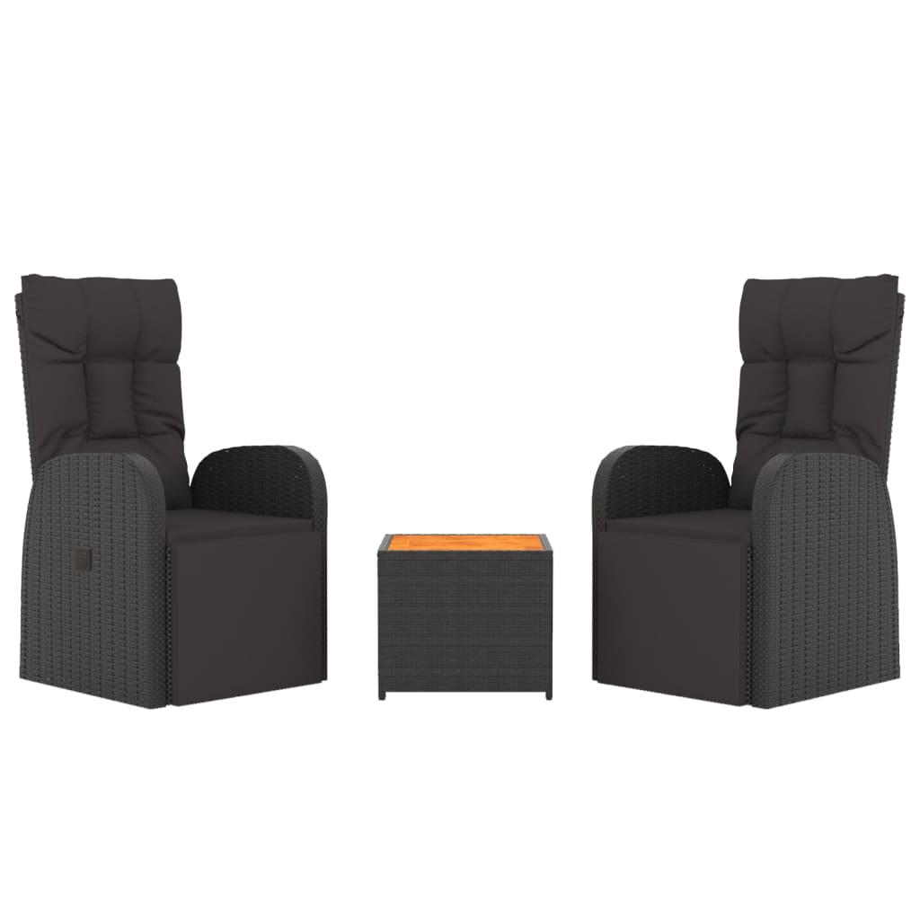 Set Mobili Giardino 3pz Nero Polyrattan e Legno Massello Acacia