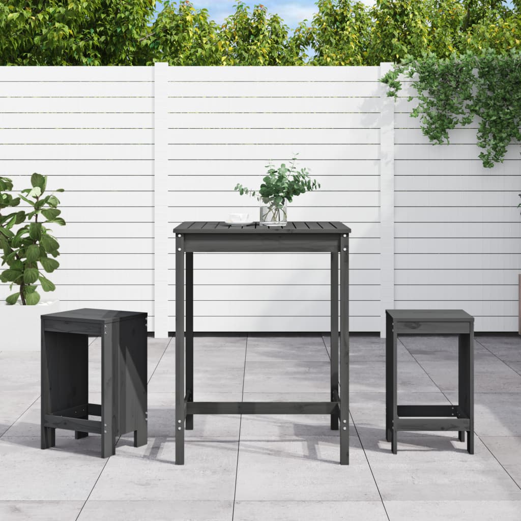 Set Bar da Giardino 3 pz Grigio in Legno Massello di Pino