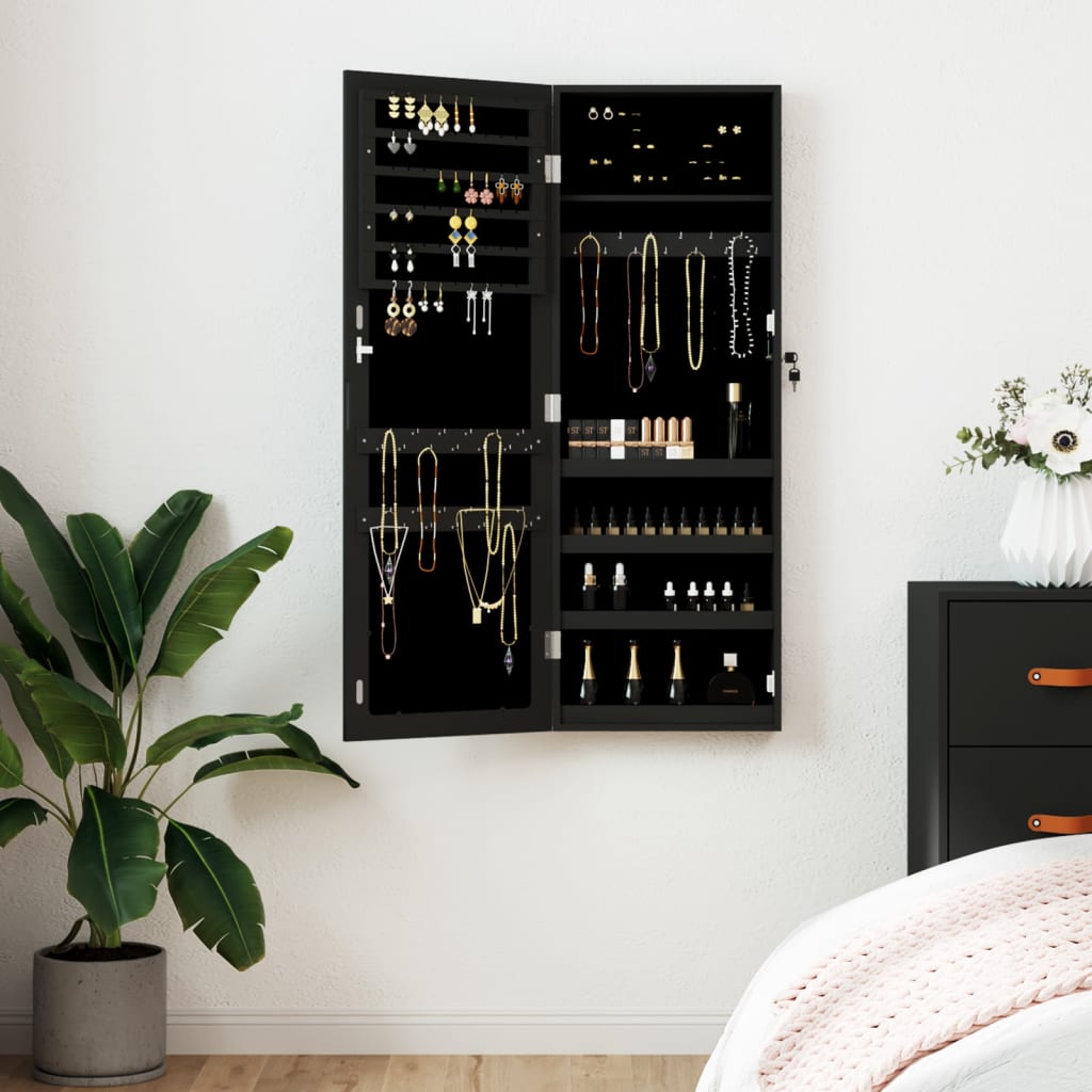 Armadio Portagioie con Specchio a Muro Nero 37,5x10x106 cm