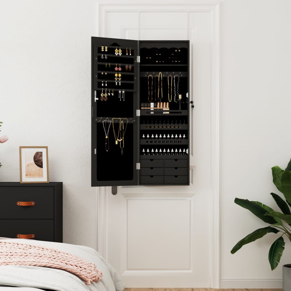 Armadio Portagioie con Specchio a Muro Nero 37,5x10x106 cm