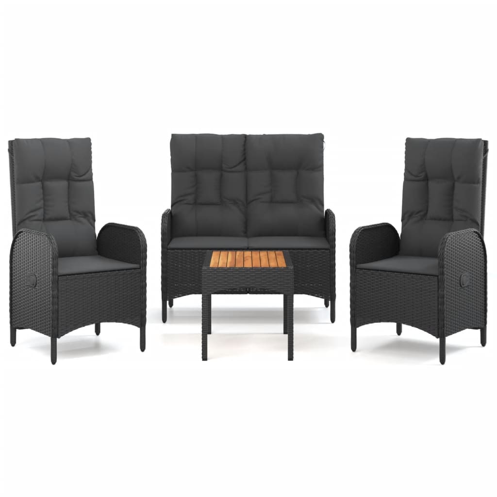 Set da Pranzo da Giardino 4 pz con Cuscini Nero in Polyrattan