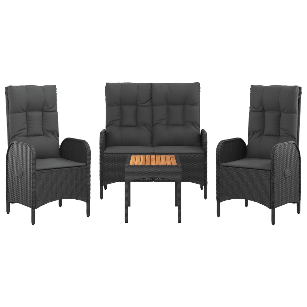 Set da Pranzo da Giardino 4 pz con Cuscini Nero in Polyrattan