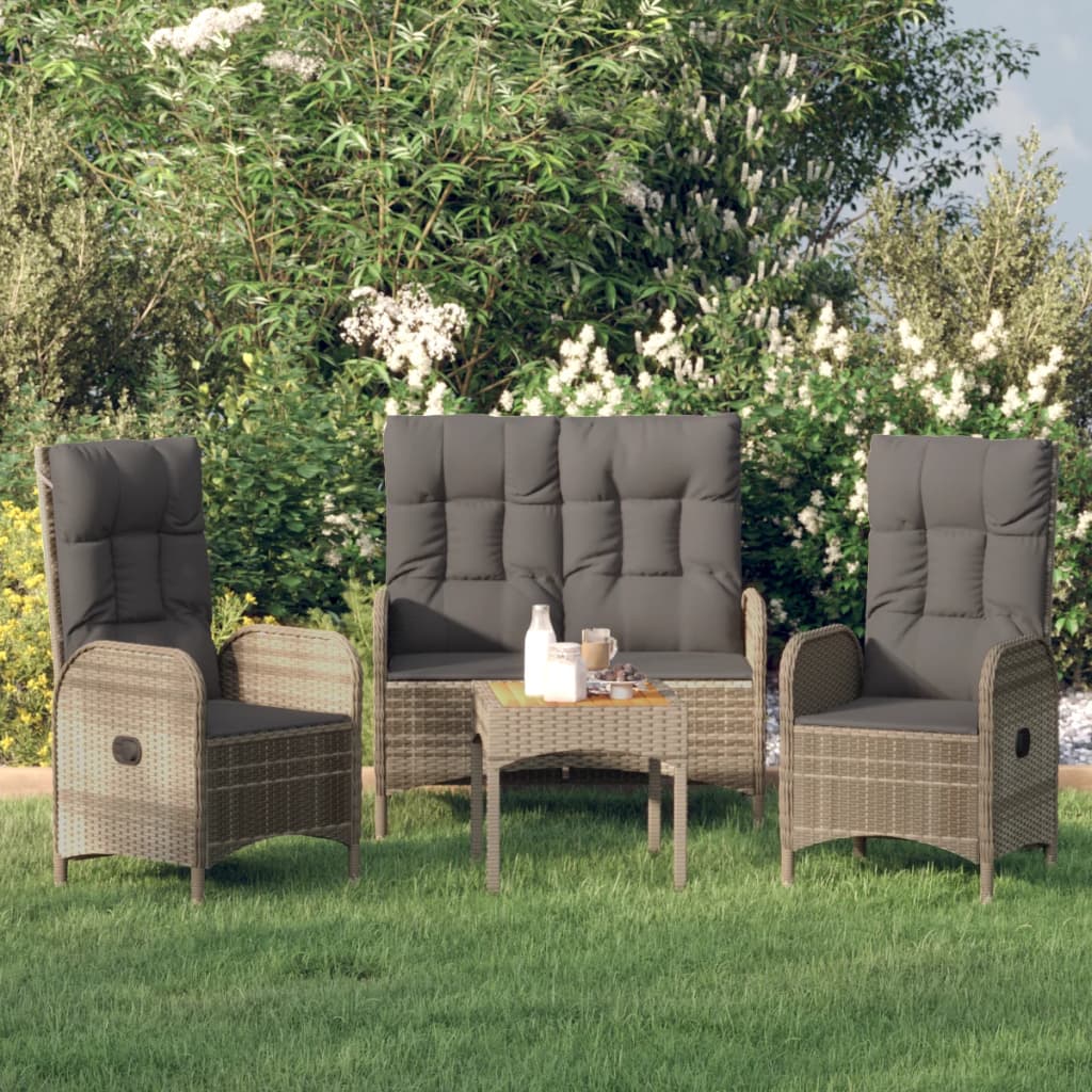 Set da Pranzo da Giardino 3 pz con Cuscini in Polyrattan Grigio