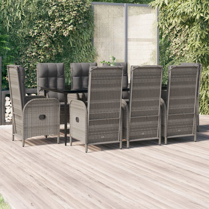 Set da Pranzo Giardino 9pz con Cuscini Nero e Grigio Polyrattan