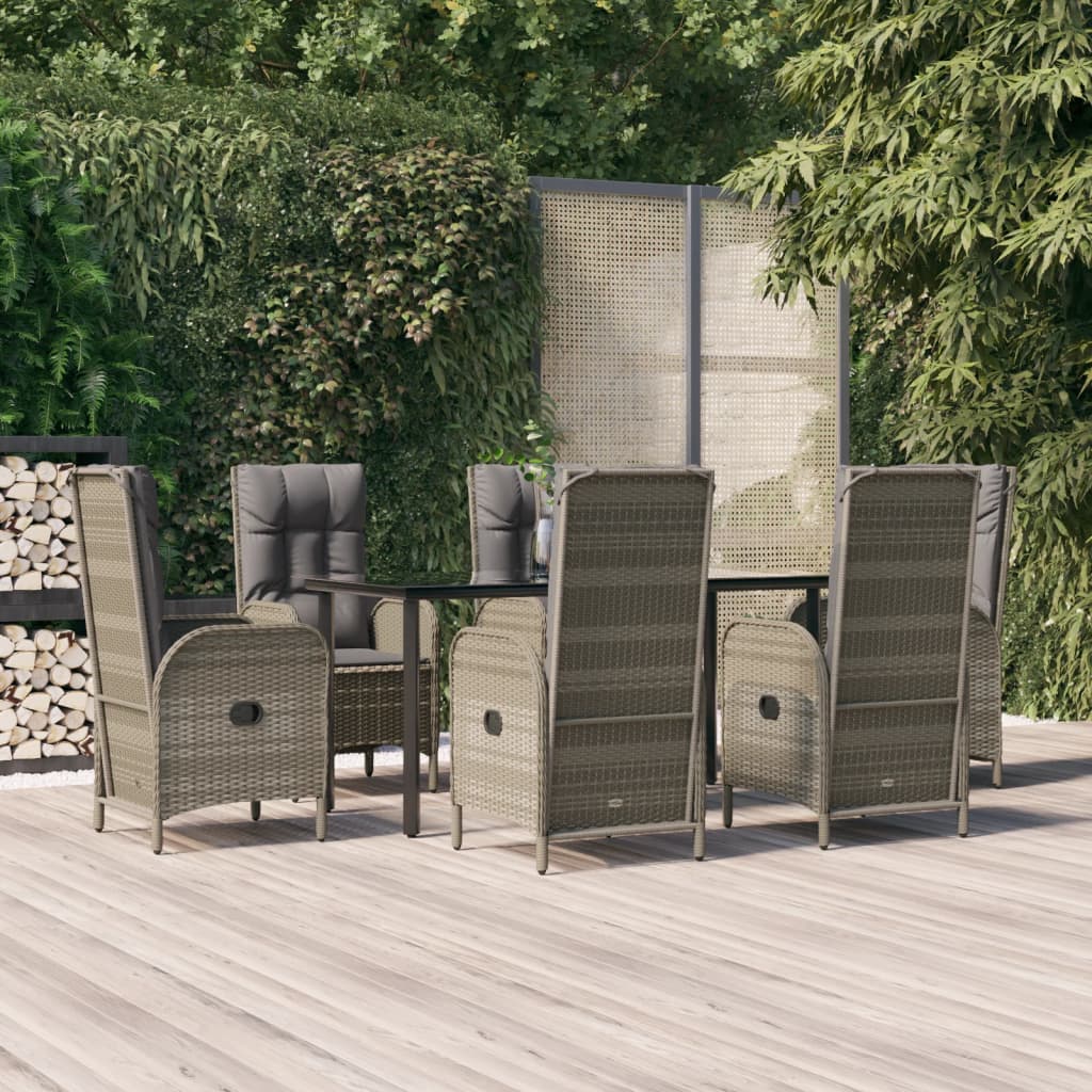 Set da Pranzo Giardino 7pz Nero e Grigio con Cuscini Polyrattan