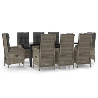 Set da Pranzo Giardino 9pz con Cuscini Nero e Grigio Polyrattan