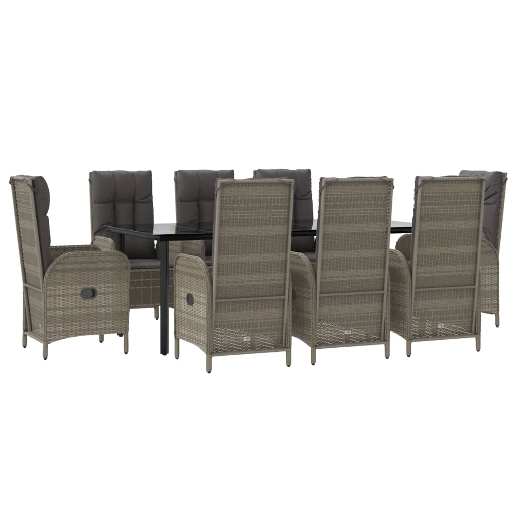 Set da Pranzo Giardino 9pz con Cuscini Nero e Grigio Polyrattan